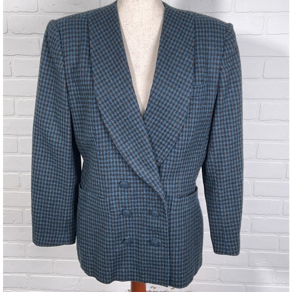 E.H. Woods Blazer Women 14 Turquoise Blue Black Double Breasted Check Wool Retro - Picture 1 of 10